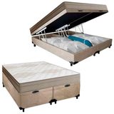 Cama Box Baú Casal Bipartido Suede + Colchão De Molas Ensacadas Portobel Ipanema 138x188x66cm Bege