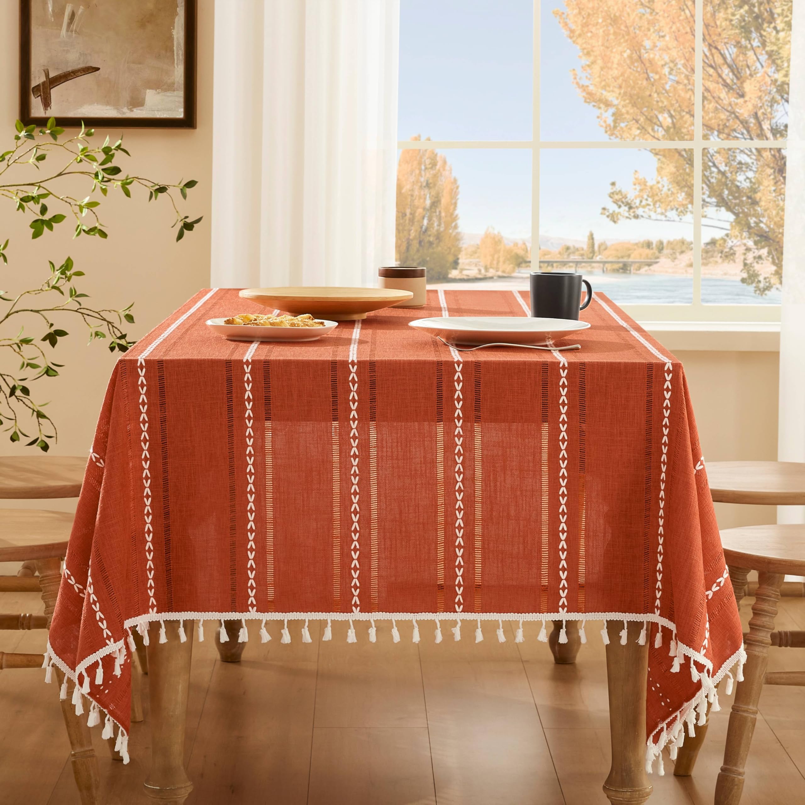 Toalha De Mesa Zeemart Bordada À Bainha Listrada Boho 150x150cm