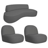 Sofá Curvo 130cm 2l E 2 Poltronas Orgânico Recepção Sala Amsterdã Linho Adj Decor Cinza Escuro