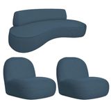 Sofá Curvo 130cm 2l E 2 Poltronas Orgânico Recepção Sala Amsterdã Linho Adj Decor Azul Royal