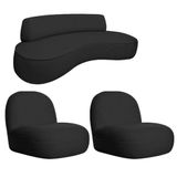 Sofá Curvo 130cm 2l E 2 Poltronas Orgânico Recepção Sala Amsterdã Linho Adj Decor Preto