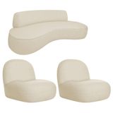 Sofá Curvo 130cm 2l E 2 Poltronas Orgânico Recepção Sala Amsterdã Linho Adj Decor Bege