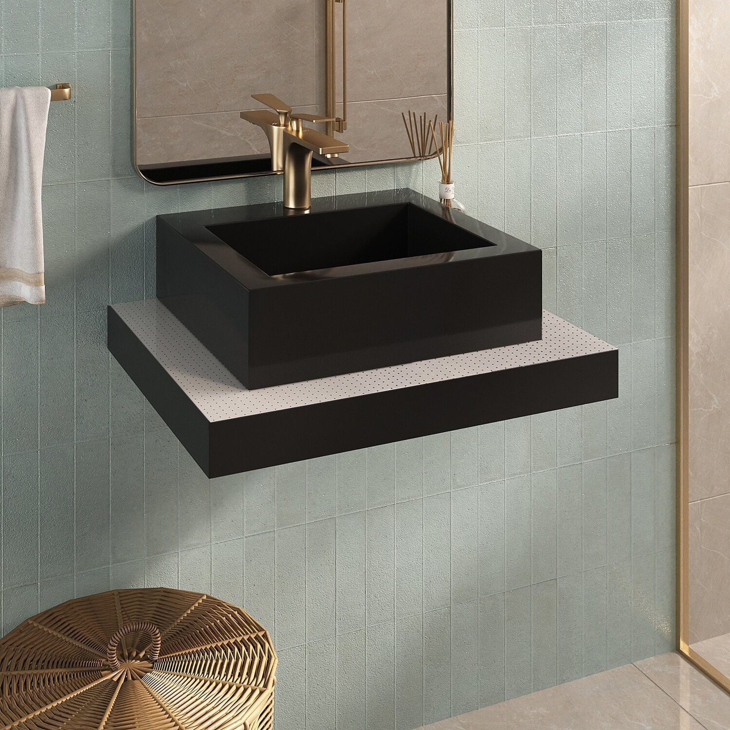 Bancada Yes 60cm Com Vidro Com Rasgo E Cuba Quadrato Preto