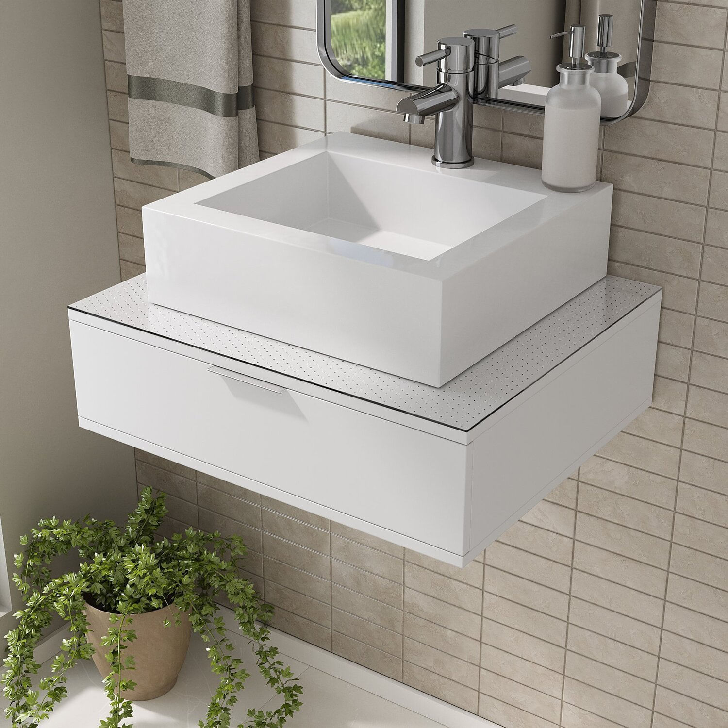 Bancada Blu 60cm Com Vidro Com Rasgo E Cuba Quadrato Branco