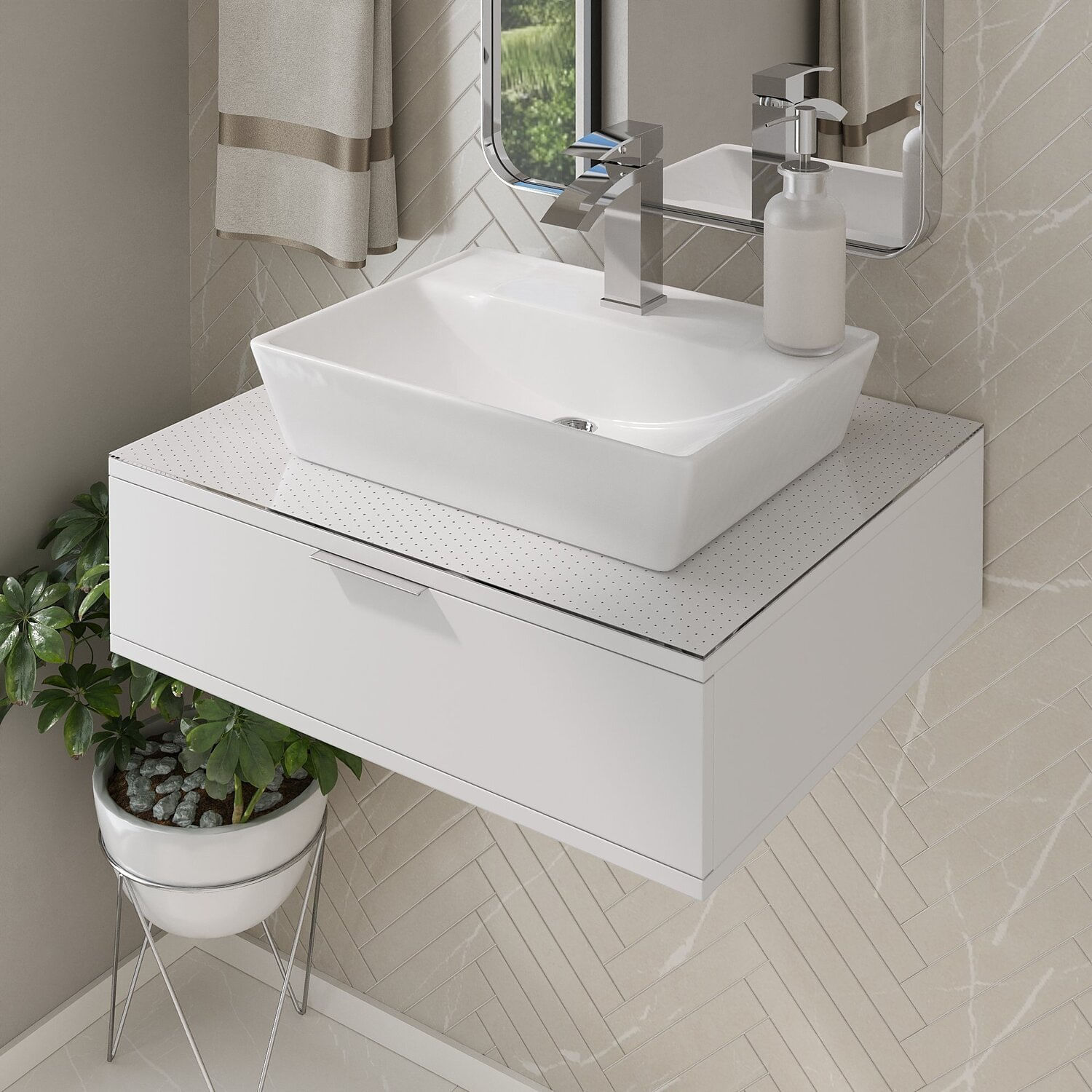 Bancada Blu 60cm Com Vidro Com Furo E Cuba Charlô Branco