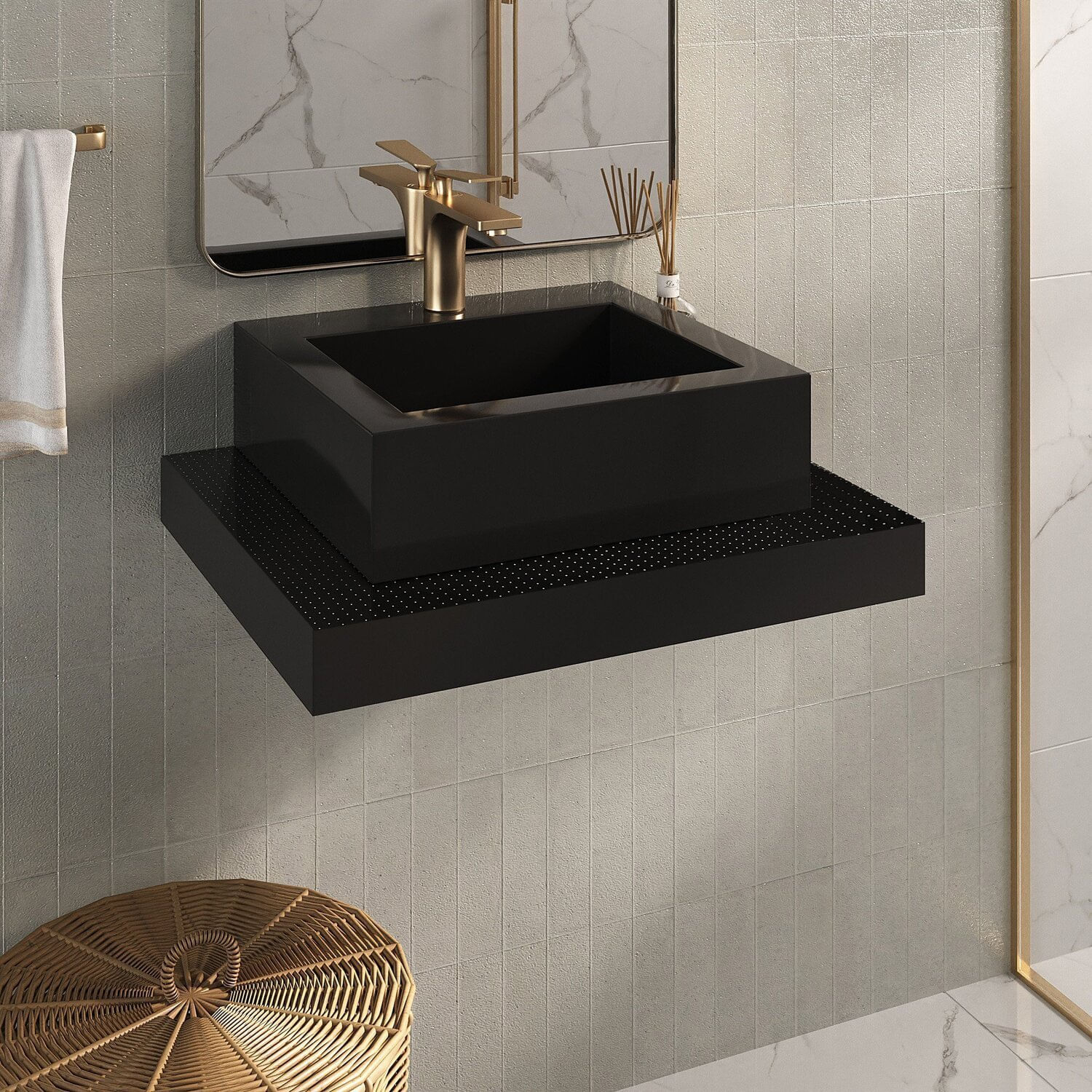 Bancada Yes 60cm Com Vidro Com Rasgo E Cuba Quadrato Preto