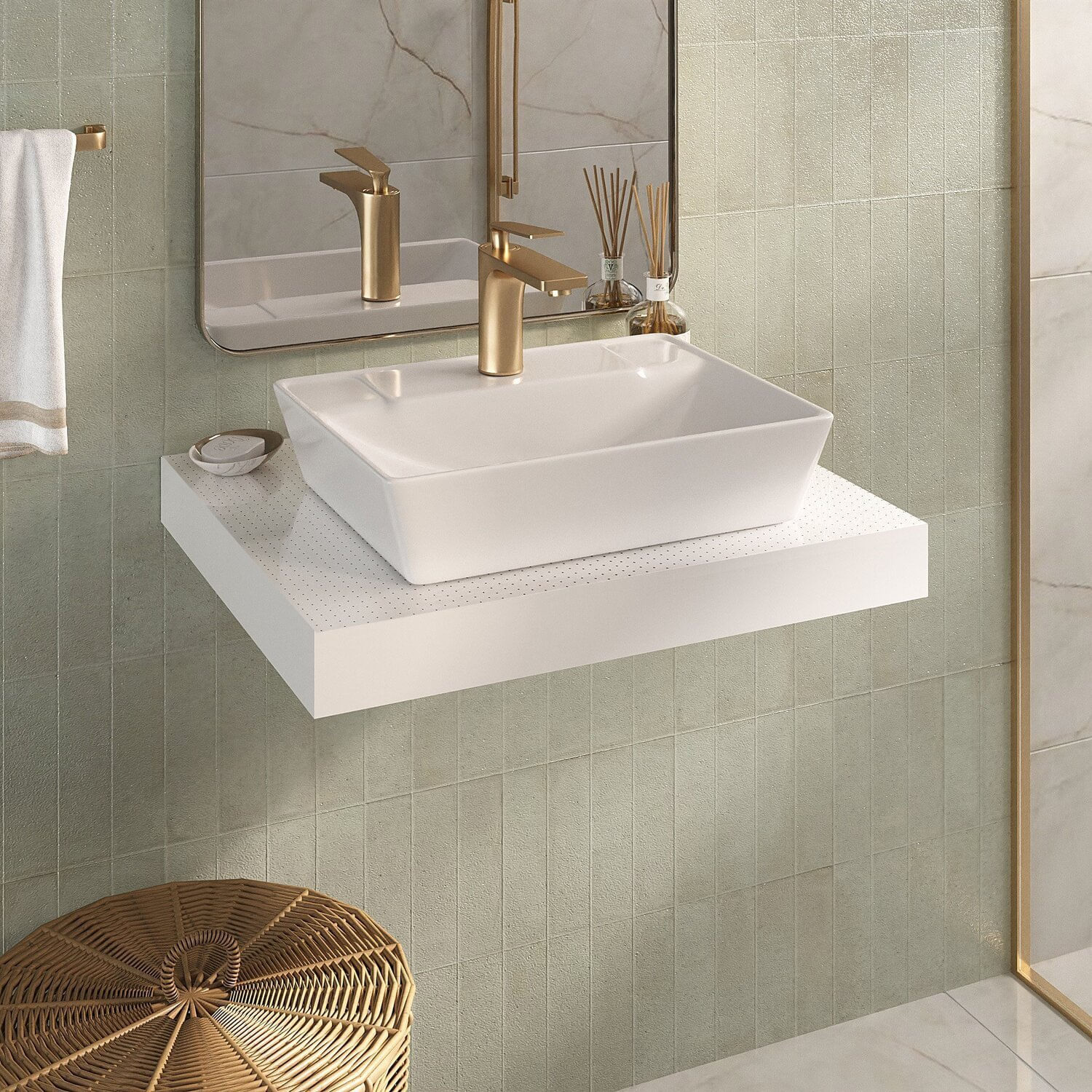 Bancada Yes 60cm Com Vidro Com Furo E Cuba Charlô Branco