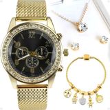 Relogio Feminino Strass Dourado Pulseira Pandora Colar