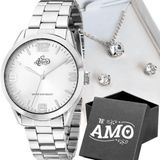 Relogio Feminino Aço Inox Prata Pulseira Colar Caixa