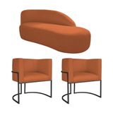 Kit Divã Luna 140cm Lado Direito E 02 Poltronas Base De Ferro Preto Suede Terracota