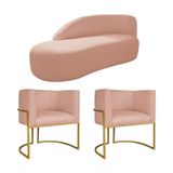 Kit Divã Luna 140cm Lado Esquerdo E 02 Poltronas Base De Ferro Dourado Suede Rosê