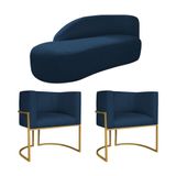 Kit Divã Luna 140cm Lado Esquerdo E 02 Poltronas Base De Ferro Dourado Suede Azul Marinho