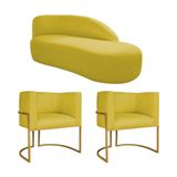 Kit Divã Luna 185cm Lado Direito E 02 Poltronas Base De Ferro Dourado Suede Amarelo