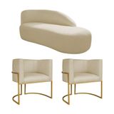 Kit Divã Luna 185cm Lado Direito E 02 Poltronas Base De Ferro Dourado Suede Bege