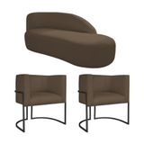Kit Divã Luna 160cm Lado Direito E 02 Poltronas Base De Ferro Preto Suede Marrom