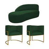 Kit Divã Luna 140cm Lado Esquerdo E 02 Poltronas Base De Ferro Dourado Suede Verde