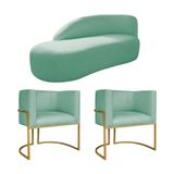 Kit Divã Luna 140cm Lado Esquerdo E 02 Poltronas Base De Ferro Dourado Suede Azul Tiffany
