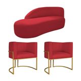 Kit Divã Luna 185cm Lado Esquerdo E 02 Poltronas Base De Ferro Dourado Suede Vermelho