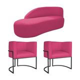 Kit Divã Luna 160cm Lado Esquerdo E 02 Poltronas Base De Ferro Preto Suede Pink