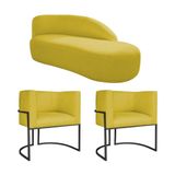 Kit Divã Luna 160cm Lado Direito E 02 Poltronas Base De Ferro Preto Suede Amarelo