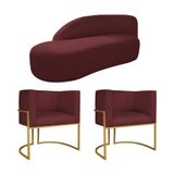 Kit Divã Luna 160cm Lado Esquerdo E 02 Poltronas Base De Ferro Dourado Suede Bordô