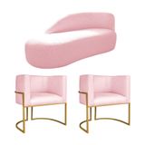 Kit Divã Luna 140cm Lado Esquerdo E 02 Poltronas Base De Ferro Dourado Suede Rosa Bebê