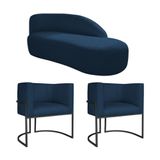 Kit Divã Luna 160cm Lado Direito E 02 Poltronas Base De Ferro Preto Suede Azul Marinho