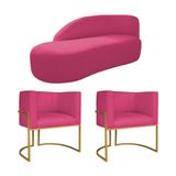 Kit Divã Luna 140cm Lado Esquerdo E 02 Poltronas Base De Ferro Dourado Suede Pink