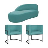 Kit Divã Luna 160cm Lado Esquerdo E 02 Poltronas Base De Ferro Preto Suede Azul Turquesa