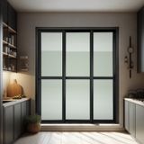 Porta De Correr 3 Folhas Moveis Sequenciais 210 X 240 Elite Com Fechadura Tetra Vidro Liso Preto