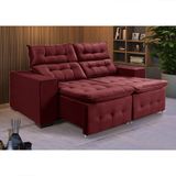 Sofá Retratil Reclinável 3 Lugares Pillow Em Veludo 1,90 Vinho Roxo