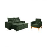 Kit Sofá Retratil Reclinável Bari 1,90 Pillow Mais Poltrona Florença Em Veludo Verde Azul
