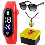 Relogio Digital Infantil Iron Man Oculos Colar Caixa Kids Vermelho