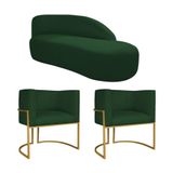 Kit Divã Luna 185cm Lado Direito E 02 Poltronas Base De Ferro Dourado Suede Verde