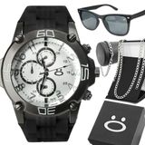 Relogio Masculino Aço Pulseira Cordao Oculos Sol