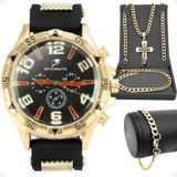 Relogio Masculino Banhado Ouro Aço Crucifixo Pulseira Prova Dagua Pallyjane
