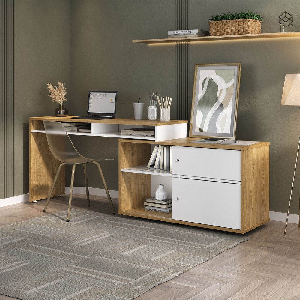 Escrivaninha Mesa Escritório Flex Para Home Office Com 2 Portas, Nichos E Várias Opções De Montagem Olmo/branco