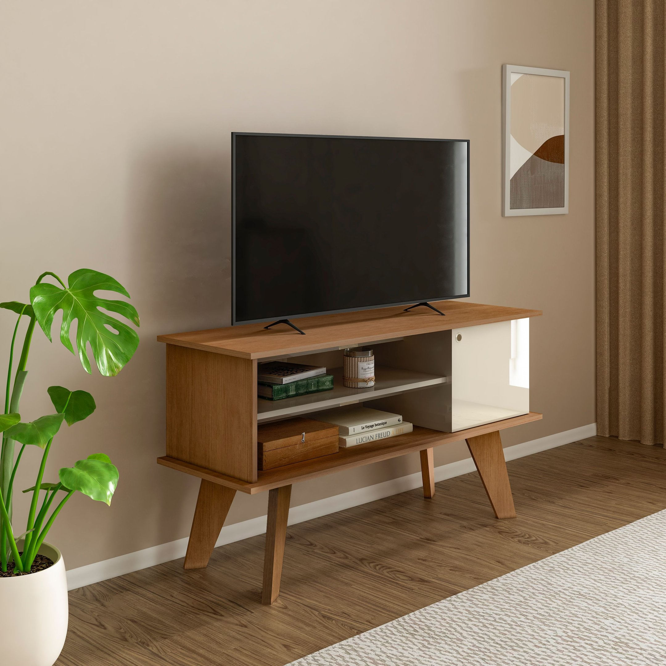 Rack Para Tv Até 50 Polegadas 1 Portas 2 Nichos Frank Cinamomo C/off White