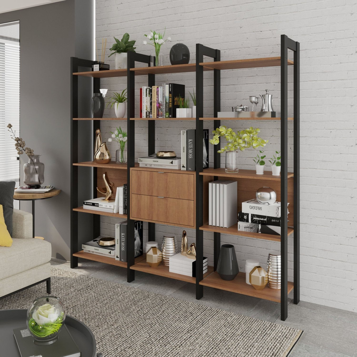 Estante 14 Prateleiras 2 Gavetas Haia Yescasa Amêndoa/preto