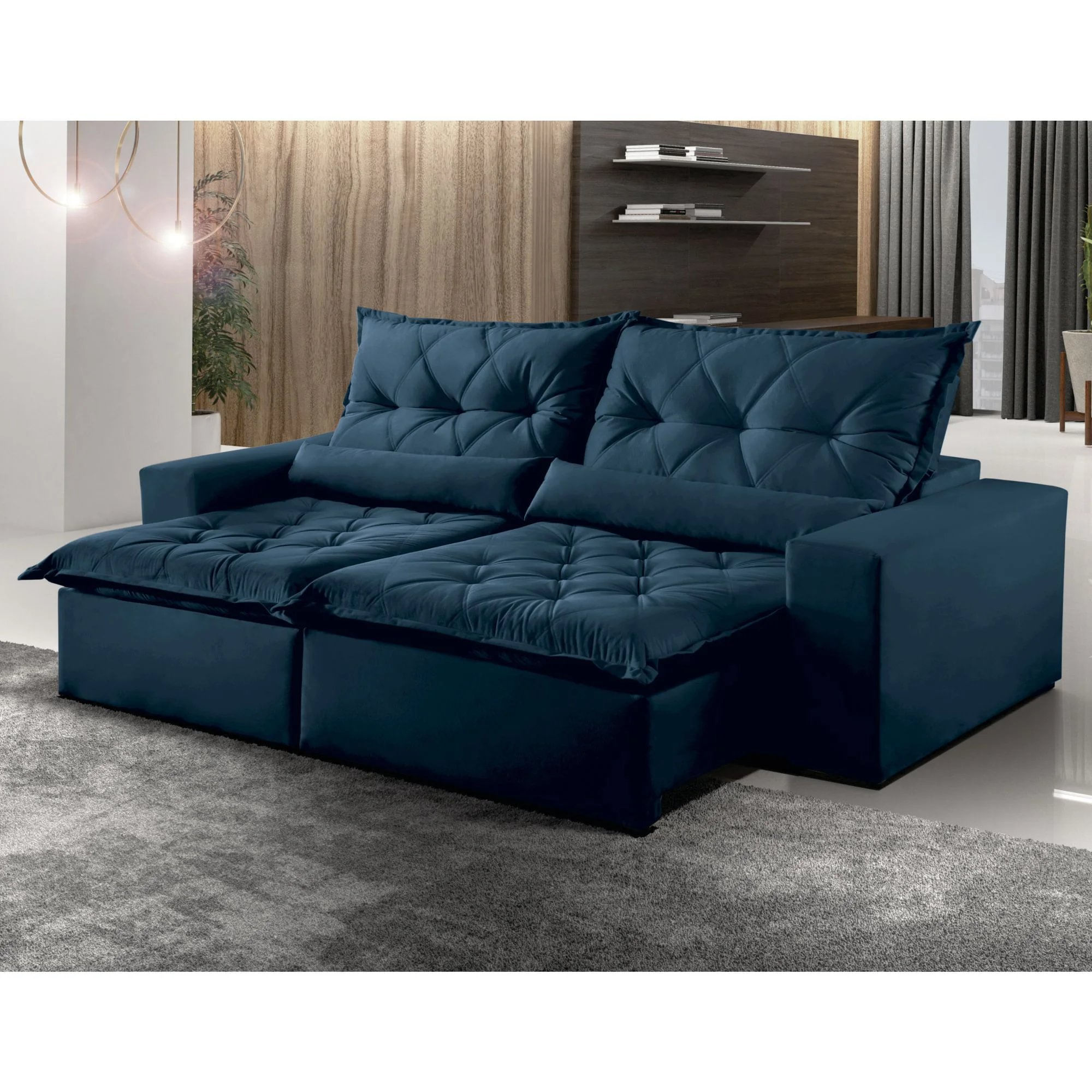 Sofá Reclinável 4 Lugares 290cm Ouro Branco Montano Estofados Veludo Azul Marinho