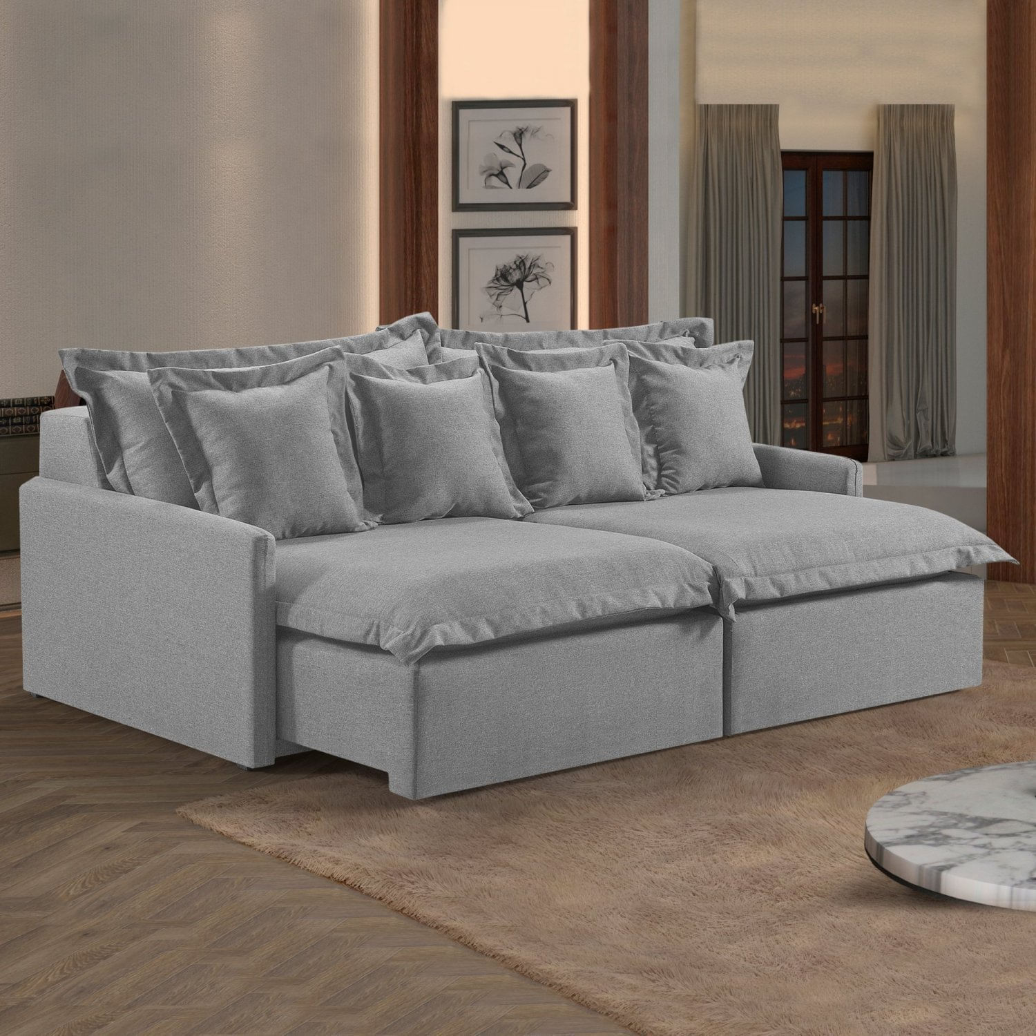 Sofá 4 Lugares Retrátil 254cm Com Almofadas M145 Martins Estofados Linho/cinza Claro