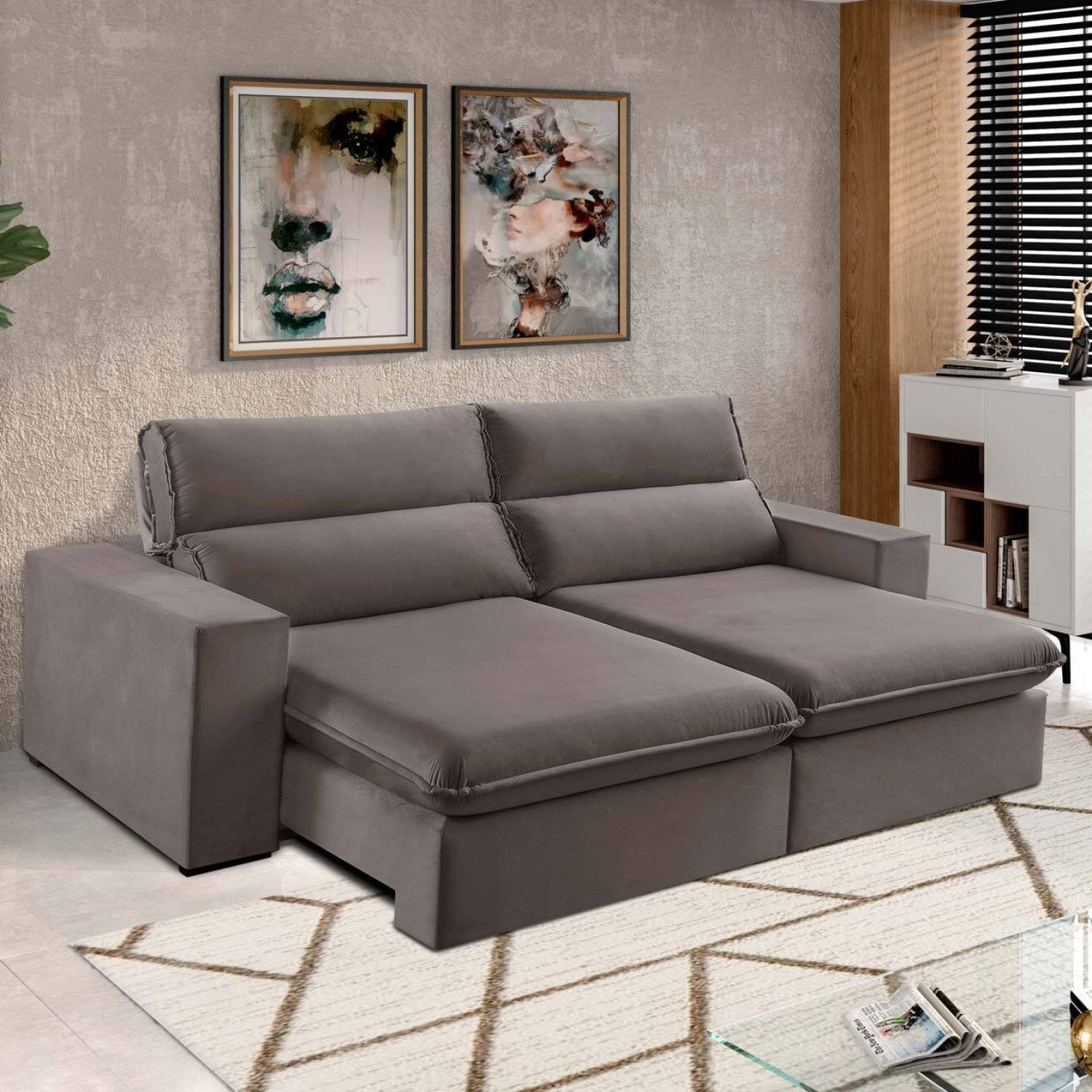 Sofá 4 Lugares 250cm Retrátil E Reclinável Free Veludo Bege Natural