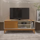 Rack Para Tv Até 55 Polegadas 1 Porta Com Puxador Em Madeira Maciça Nero 136cm Retrô Off White E Cedro