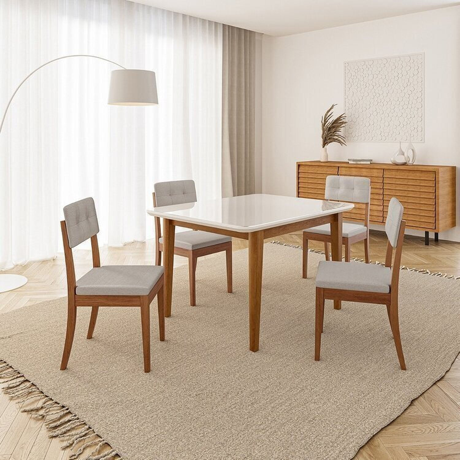 Conjunto Mesa De Jantar Tangará 130cm E 4 Cadeiras Estofadas Tiê Cabecasa Madeiramadeira Caramelo/bege Claro