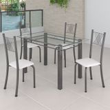 Conjunto De Jantar Mesa 120x75cm Tampo De Vidro Incolor Com 4 Cadeiras Sara Yescasa Branco Liso / Mart Prata