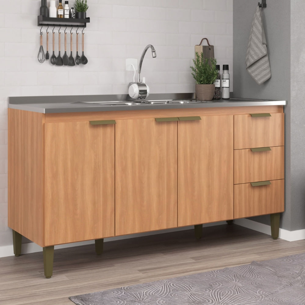 Balcão 3 Portas 3 Gavetas 160cm Sem Tampo Sara J Carvalho