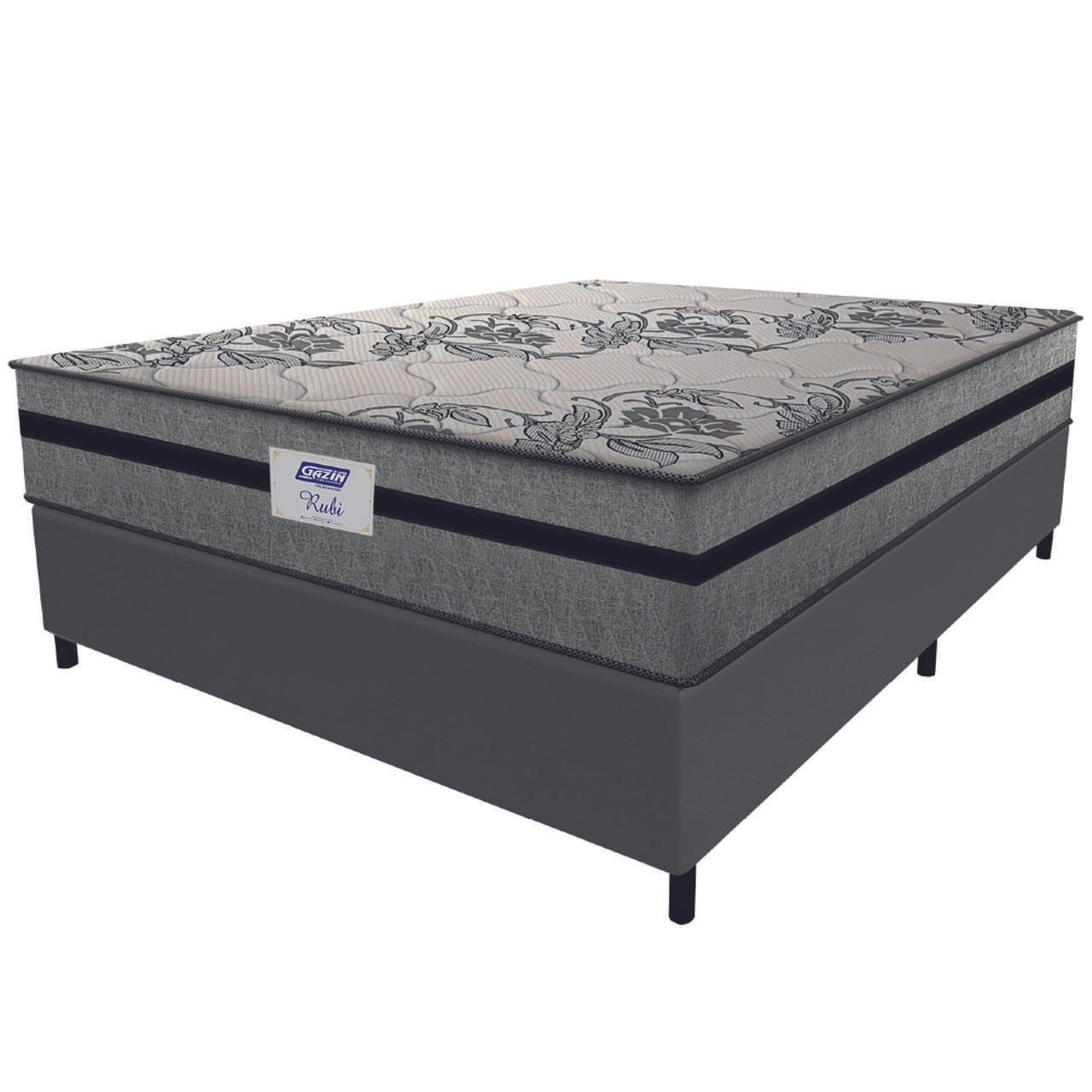 Cama Box Casal Colchão Gazin Com Molas Ensacadas Rubi 138x188x70cm Suede Cinza/preto