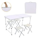 Kit Mesa Dobrável Que Vira Maleta Portátil De Alúminio 120x60cm Com 4 Banquinhos Brancos Resistentes