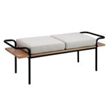 Banco Madeira Estofado Almofadas Tecido Bege Pés Metal Preto 1,45x0,46x0,50mt