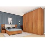 Quarto Casal Completo Roupeiro Veneza 4 Gavetas, Cama Casal Mônaco E Painel Ripado 4 Gavetas Cinamomo